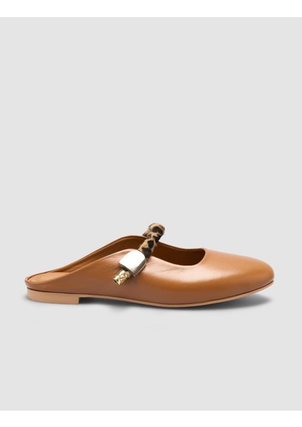 %100 Hakiki Deri Taba Kadın Leopar Detay Terlik