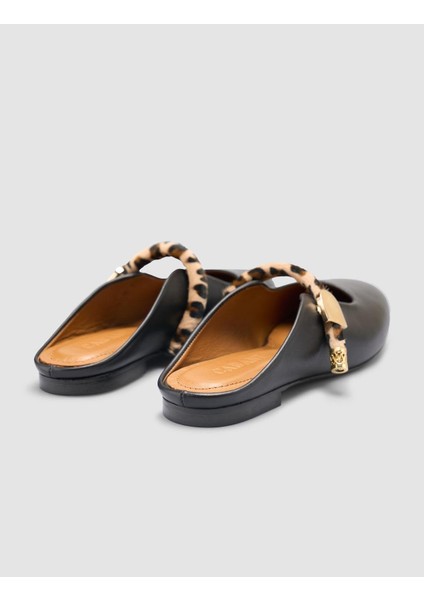 %100 Hakiki Deri Siyah Kadın Leopar Detay Terlik modelleri