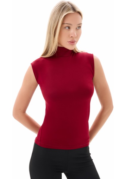 Bordo Kadın Yarım Balıkçı Yaka Viskon Likralı Kolsuz Body fiyatları