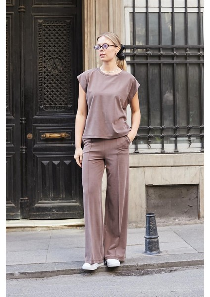 Kadın Modal Ipeksi Likralı Kumaş Geniş Sıfır Yaka Düşük Omuzlu T-Shirt Bluz-Kahve modelleri