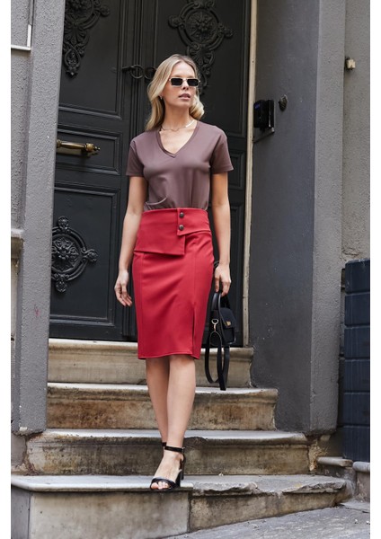 Kadın V Yaka Kısa Kol Likralı Span Kumaş Şık T-Shirt Bluz-Kahve fiyatları