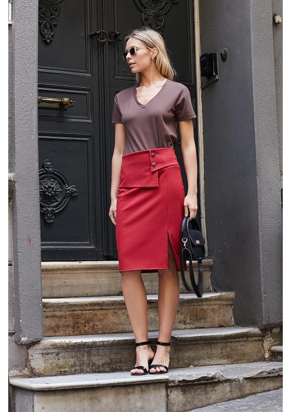 Kadın V Yaka Kısa Kol Likralı Span Kumaş Şık T-Shirt Bluz-Kahve modelleri