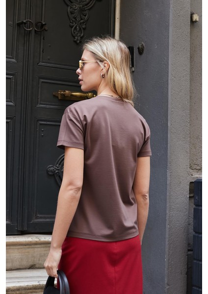 Kadın V Yaka Kısa Kol Likralı Span Kumaş Şık T-Shirt Bluz-Kahve fırsatları