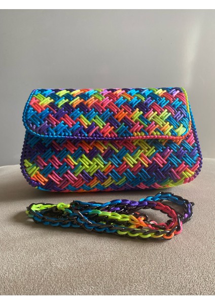 Handmade Renkli Kanvas Örgü Askılı Çanta