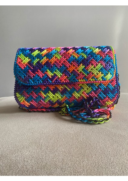 Handmade Renkli Kanvas Örgü Askılı Çanta