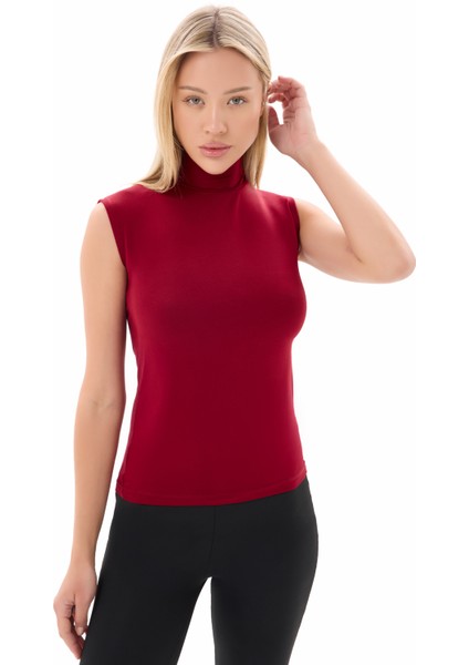 Bordo Kadın Yarım Balıkçı Yaka Viskon Likralı Kolsuz Body
