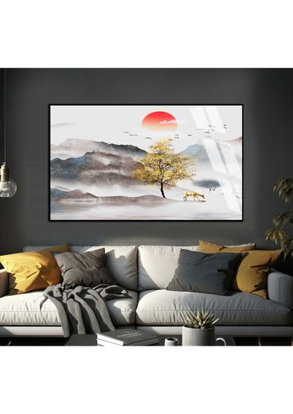 soft Gri-Gold Renk Dağ Göl Manzara Modeli |çerçeveli Temperli Cam Tablo Tekli Yatay