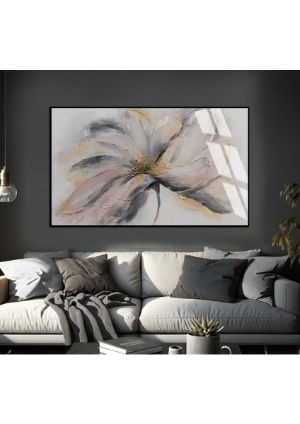 soft Gri-Gold Soyut Çiçekli Şekil |çerçeveli Temperli Cam Tablo Tekli Yatay