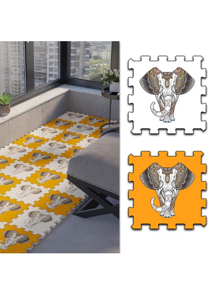 Dijital Fil Figürlü Mermer Desen Balkon Halısı Yolluk Yapboz Puzzle Japon Halı