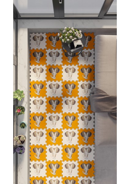 Dijital Fil Figürlü Mermer Desen Balkon Halısı Yolluk Yapboz Puzzle Japon Halı
