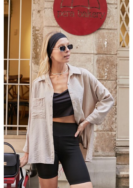 Kadın Likrasız Keten Kumaş Yakalı Cepli Düşük Omuzlu Salaş Oversize Tunik Gömlek-Bej