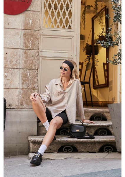 Kadın Likrasız Keten Kumaş Yakalı Cepli Düşük Omuzlu Salaş Oversize Tunik Gömlek-Bej fiyatları