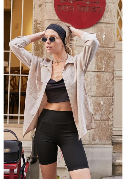 Kadın Likrasız Keten Kumaş Yakalı Cepli Düşük Omuzlu Salaş Oversize Tunik Gömlek-Bej modelleri