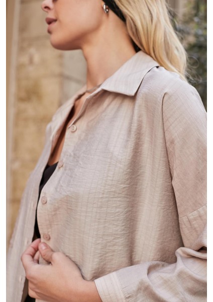 Kadın Likrasız Keten Kumaş Yakalı Cepli Düşük Omuzlu Salaş Oversize Tunik Gömlek-Bej indirimleri