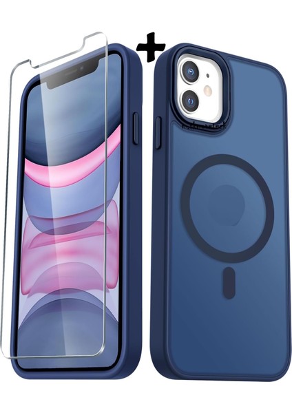 Apple iPhone 12 Kılıf Mat Magsafe Şarj Özellikli Hassas Butonlu Yumuşak Renkli Kenarlı Kapak + Ekran Koruyucu Cam Set 2in1