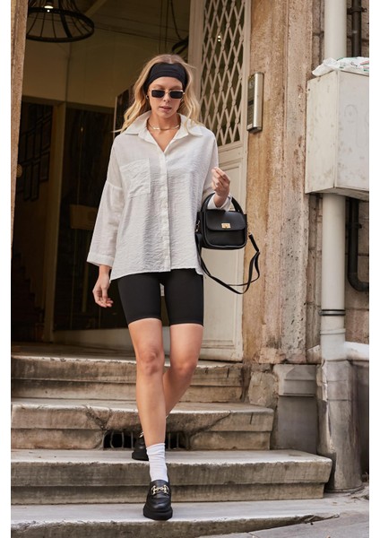 Kadın Likrasız Keten Kumaş Yakalı Cepli Düşük Omuzlu Salaş Oversize Tunik Gömlek-Krem modelleri