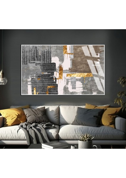 gri-Gold Soyut Şekiller Modeli |çerçeveli Temperli Cam Tablo Tekli Yatay