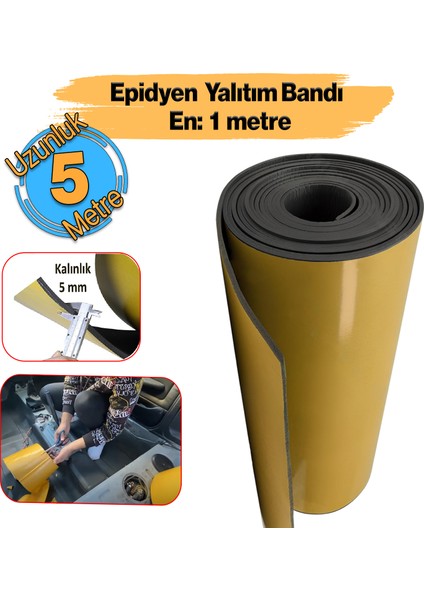 Yapışkanlı Araç Ses Isı Yalıtım Izolasyon Bandı EN:100 cm Kalınlık:5 mm Uzunluk 5 Metre Kauçuk Sünger