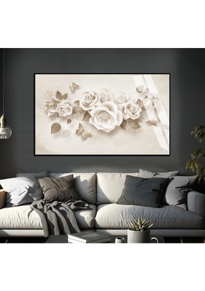 sepya Tonlu Gül Modeli 1|çerçeveli Temperli Cam Tablo Tekli Yatay
