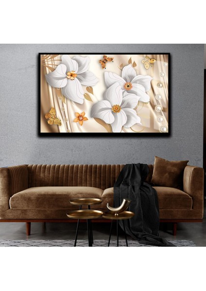 sevilen Tüy Tablosu 03 Gri-Gold Çerçeveli Temperli Cam Tablo Tekli Yatay