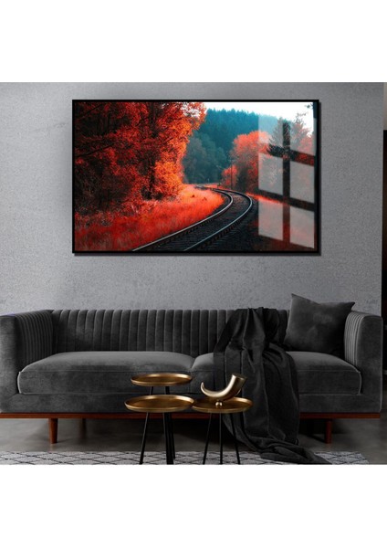 sonbahar Manzaralı Kırmızı Tren Rayı Detaylı 1|çerçeveli Temperli Cam Tablo Tekli Yatay