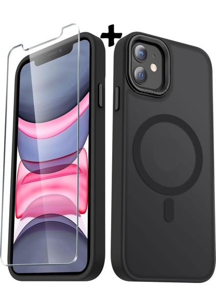 Apple iPhone 11 Kılıf Mat Magsafe Şarj Özellikli Hassas Butonlu Yumuşak Renkli Kenarlı Kapak + Ekran Koruyucu Cam Set 2in1