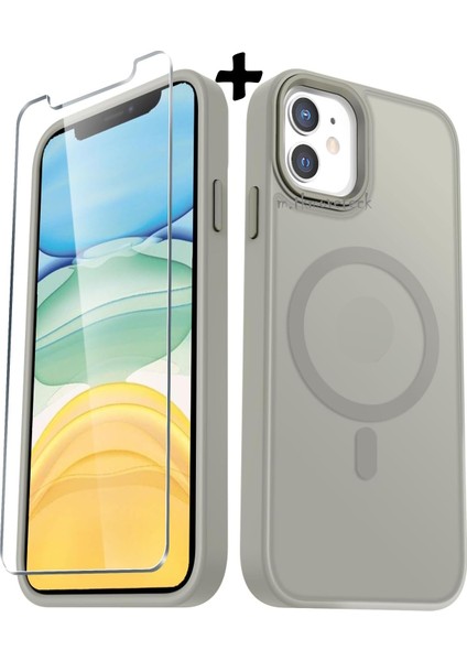 Apple iPhone 12 Kılıf Mat Magsafe Şarj Özellikli Hassas Butonlu Yumuşak Renkli Kenarlı Kapak + Ekran Koruyucu Cam Set 2in1