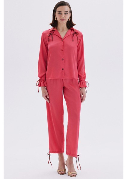 Seille Pembe Saten Uzun Pijama Takımı