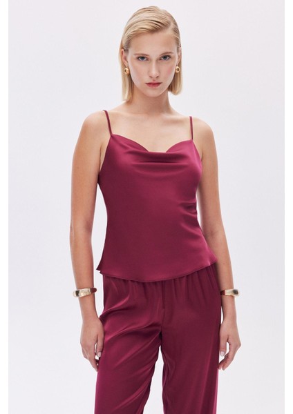 Brûleur Saten Bordo Degaje Yaka Askılı Uzun Pijama Takımı
