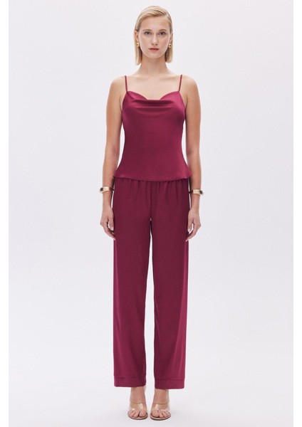Brûleur Saten Bordo Degaje Yaka Askılı Uzun Pijama Takımı