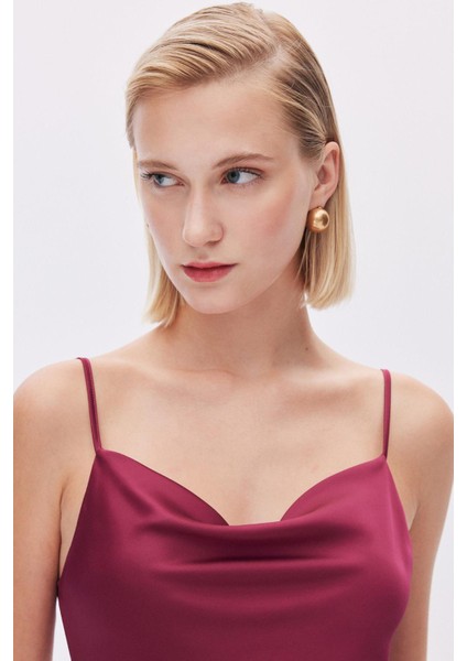Brûleur Saten Bordo Degaje Yaka Askılı Uzun Pijama Takımı