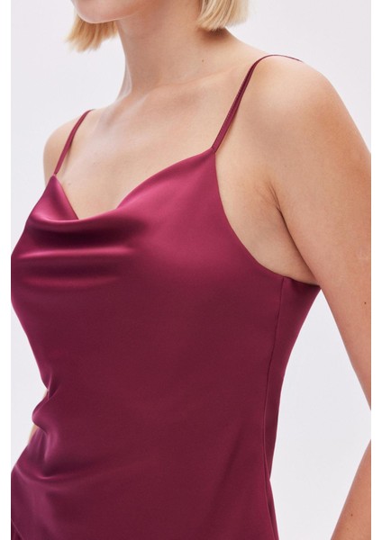 Brûleur Saten Bordo Degaje Yaka Askılı Uzun Pijama Takımı