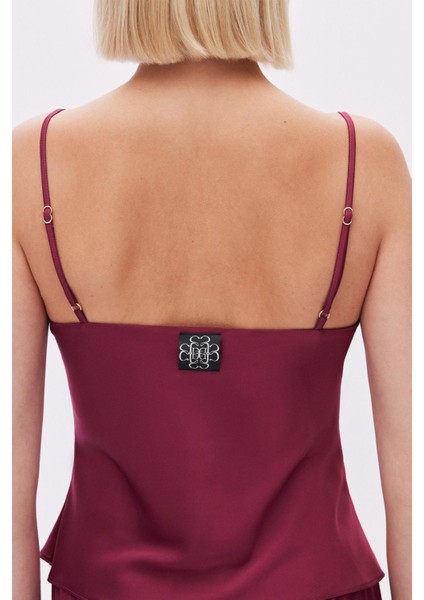 Brûleur Saten Bordo Degaje Yaka Askılı Uzun Pijama Takımı