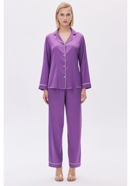 Colorex Saten Eflatun Uzun Pijama Takımı