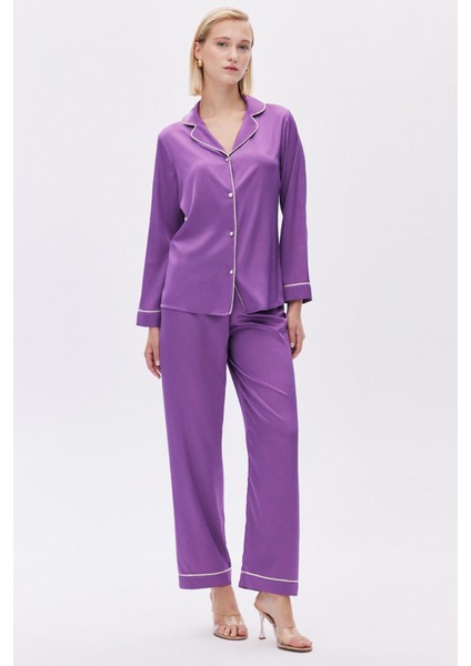 Colorex Saten Eflatun Uzun Pijama Takımı