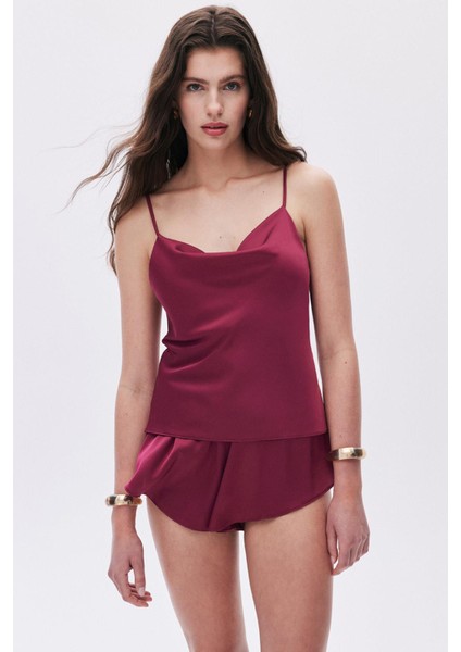 Caché Saten Bordo Degaje Yaka Askılı Kısa Pijama Takım indirimleri