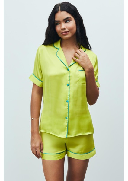 Amoureux Saten Lime Kısa Pijama Takımı