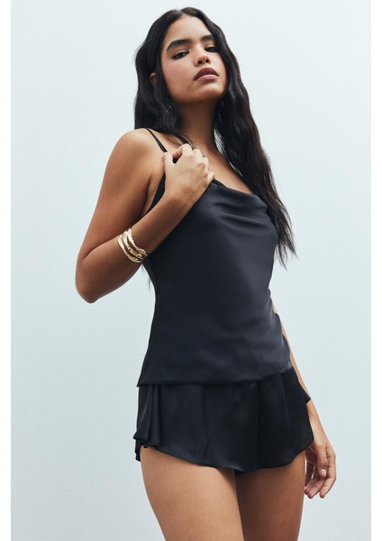 Caché Saten Siyah Degaje Yaka Askılı Kısa Pijama Takım