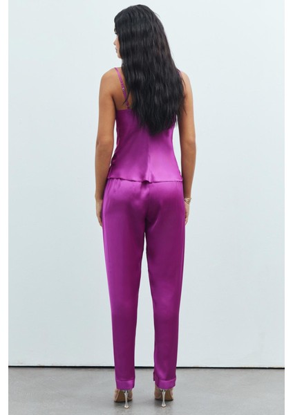 Brûleur Saten Fuşya Degaje Yaka Askılı Uzun Pijama Takımı