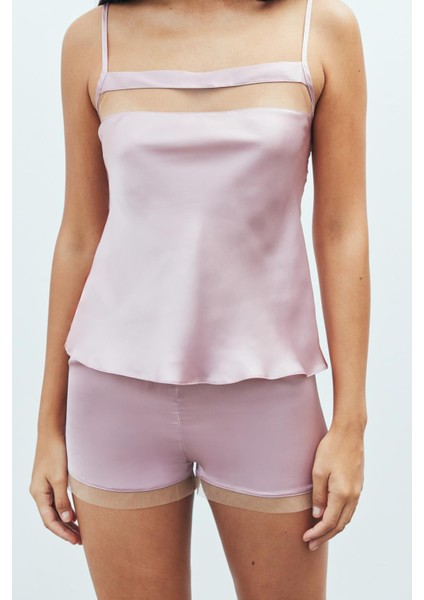 Nuit Tül Detaylı Saten Gül Kurusu Askılı Pijama Takımı