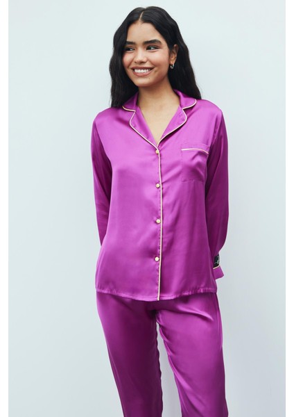 Amour Saten Fuşya Uzun Pijama Takımı