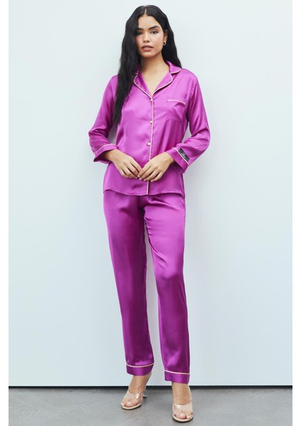 Amour Saten Fuşya Uzun Pijama Takımı