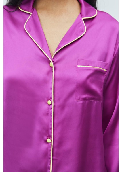 Amour Saten Fuşya Uzun Pijama Takımı