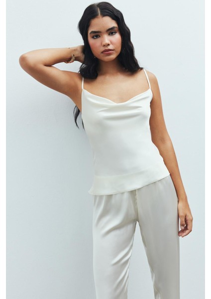 Brûleur Saten Ekru Degaje Yaka Askılı Uzun Pijama Takımı