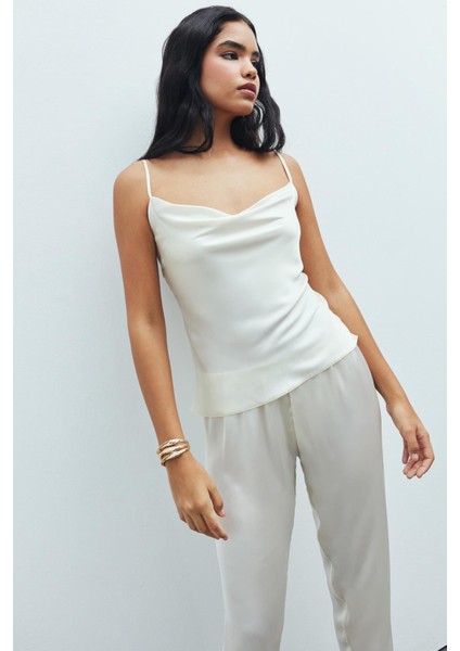 Brûleur Saten Ekru Degaje Yaka Askılı Uzun Pijama Takımı
