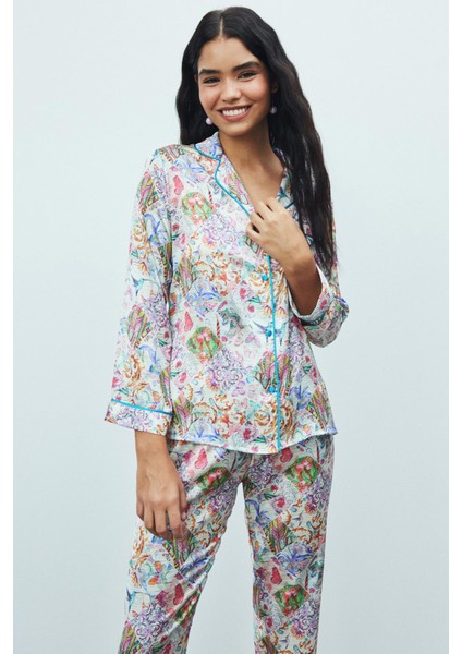 Amour Saten Petit Desenli Uzun Pijama Takımı