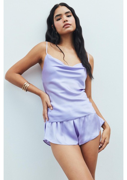Caché Saten Lila Degaje Yaka Askılı Kısa Pijama Takım