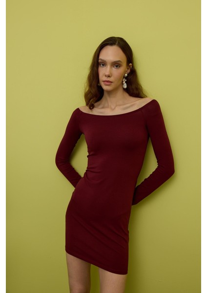 Kadın Bordo Madonna Yakalı Mini Elbise