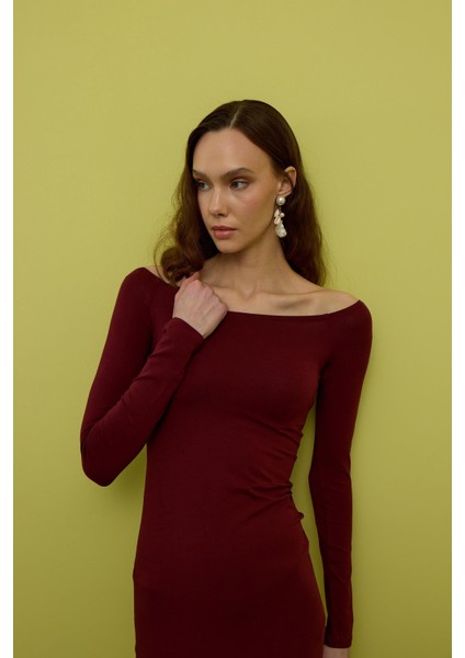 Kadın Bordo Madonna Yakalı Mini Elbise modelleri