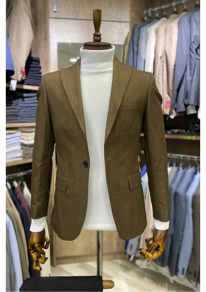 Slimfit Kesim Erkek Düz Desen Tek Ceket-Kahve
